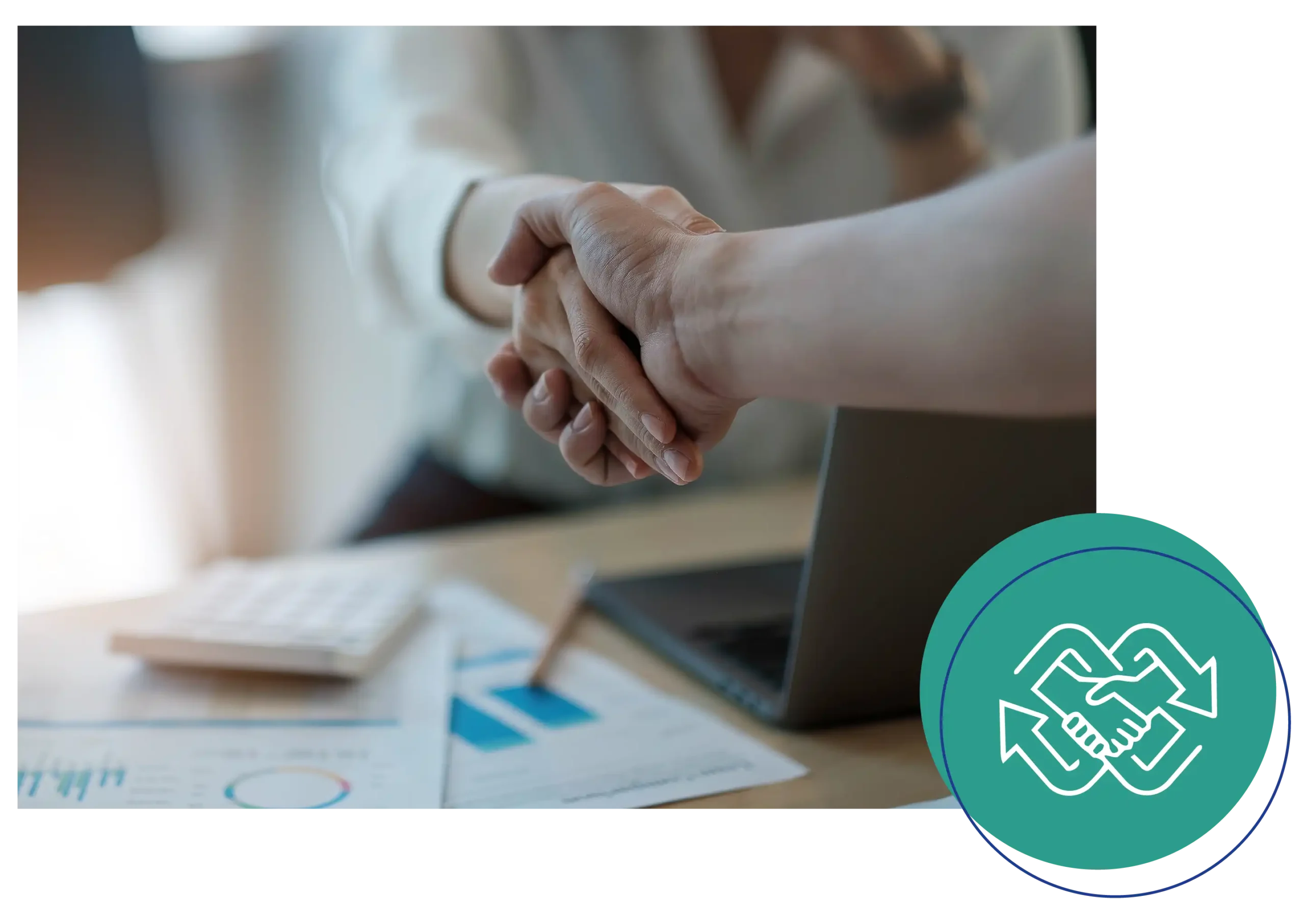 A professional handshake confirming a successful business transition or merger and acquisition advisory session.