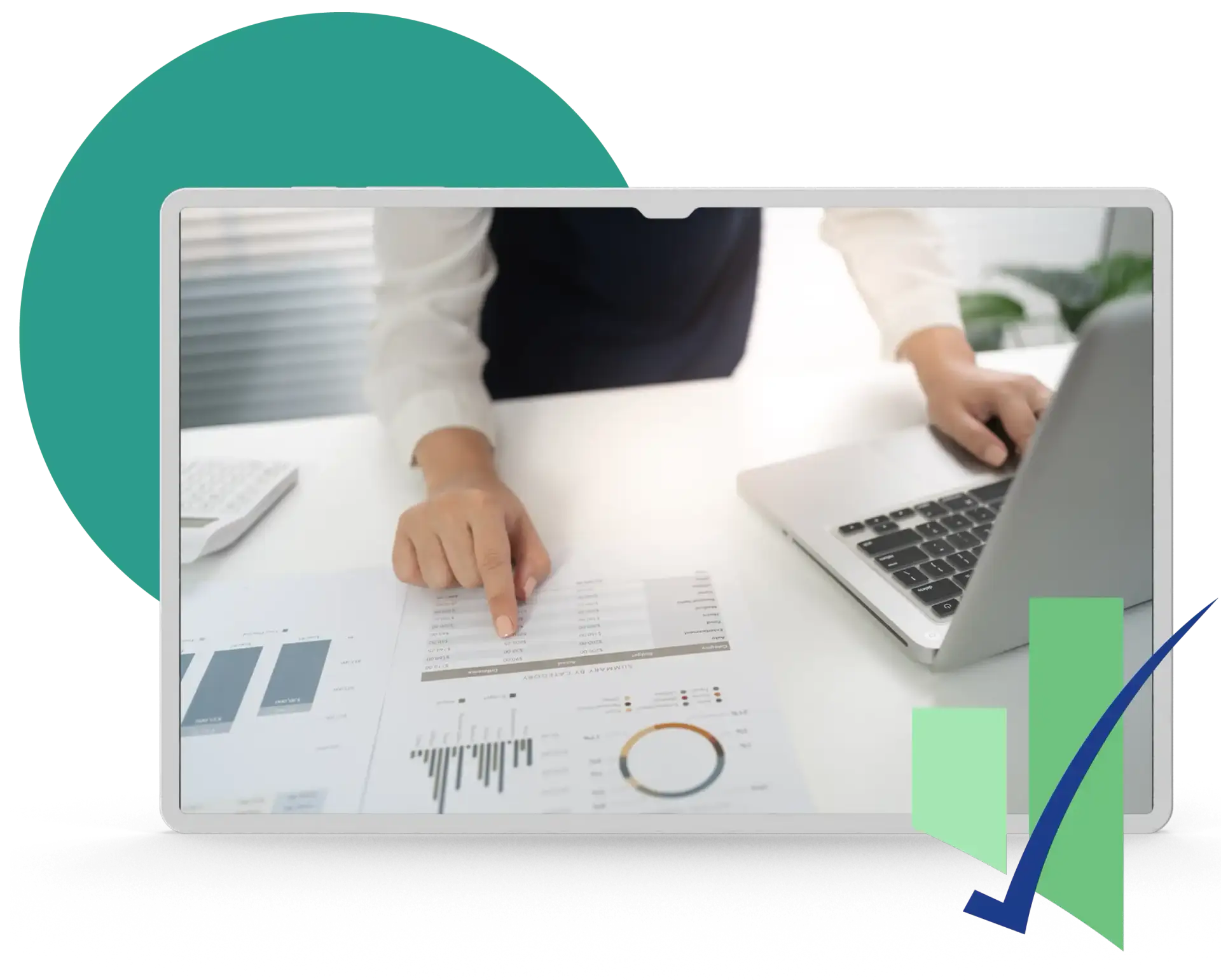 Overhead view of a professional strategic advisory workspace with financial reports and executive planning tools.